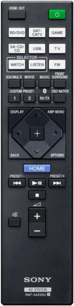 Replacement remote control for Sony RMT-AA230U