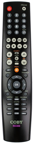 Replacement remote for Coby RC056, TFDVD1995, LEDVD2396, TFDVD1595