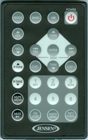 Replacement remote for Jensen VR182 CREDIT CARD, VR209TP, JRV210B