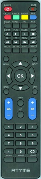 Replacement remote for Atyme 320AM5DVD, 320AM5HD, 320PM5HD, 395AM7HD