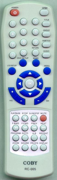 Replacement remote for Coby TFDVD1550, TFDVD1972, TFDVD1972E