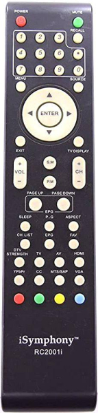 Replacement remote for iSymphony L24B1180, LC32IH56, RC2001I