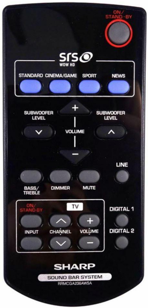Replacement remote for Sharp RRMCGA177AWSA, HTSB200