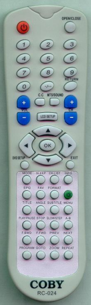 Replacement remote for Coby TFDVD1993, RC-024, TFDVD1594, RC024