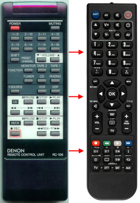 Replacement remote for Denon RC106, DRA825R, 4990092001