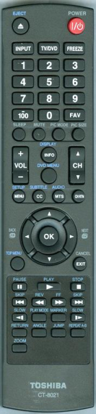 Replacement remote for Toshiba 24SLV411U, CT8021, 75023633