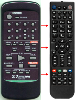 Replacement remote for Emerson VCR3002A, 076R0AJ030, SNVR2005A