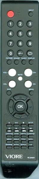 Replacement remote for Viore RC3006V, LCD19VH65, LCD26VH59, 113010336