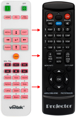 Replacement remote control for Vivitek DU3340