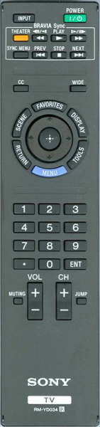 Replacement remote control for Sony RM-YD034