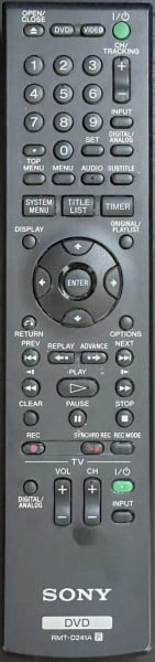 Replacement remote for Sony RMTD241A, RDRVXD655, RMTD24, 988511230